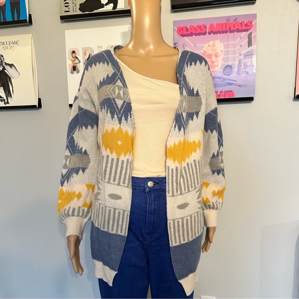 SHEIN Blue Yellow Geometric Cardigan Sweater